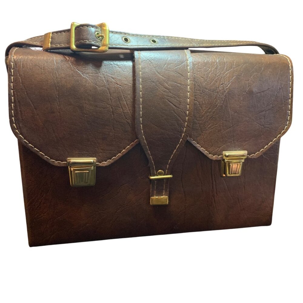 Vintage Brown Leather‎ Photography Satchel Gold-Tone Buckles & Adjustable Strap